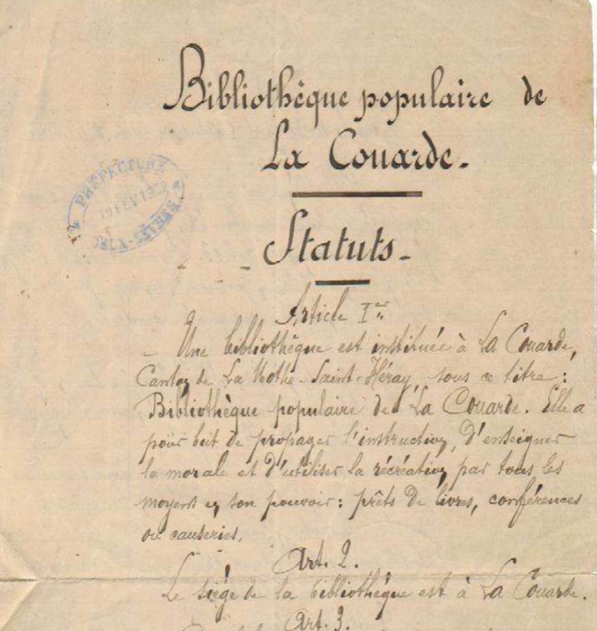 Première page des statuts de la bibliothèque populaire de La Couarde